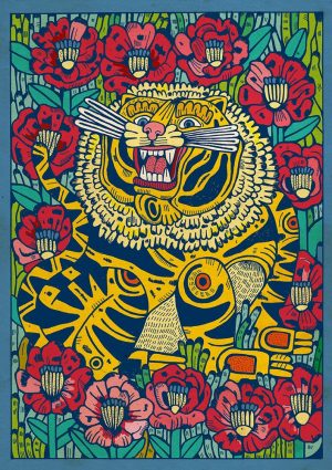 Lámina de gato montes en un campo de amapolas